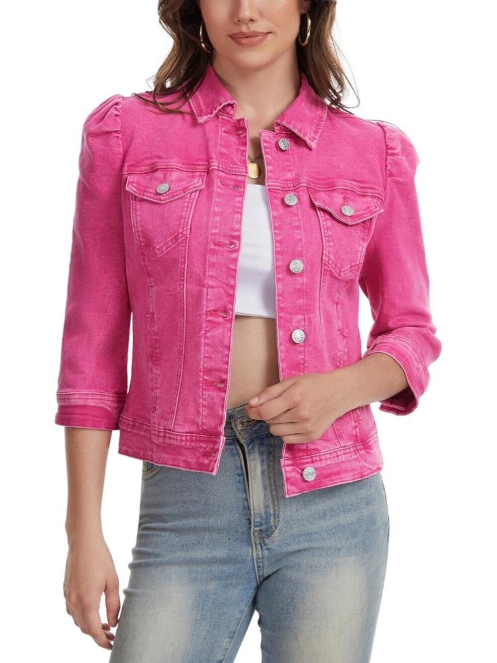 Women's Hot Pink Jean Jacket Cropped Stretchy 3/4 Sleeve Distressed with Pocket